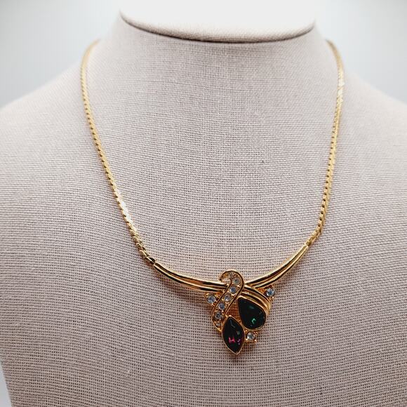 Vintage 1980s Rhinestone Necklace – Purple Green Clear Stones, 16" Pendant Chain - Picture 2 of 8